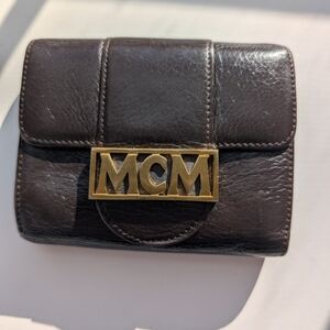 Authentic MCM Dark Brown Leather Wallet with Gold Logo